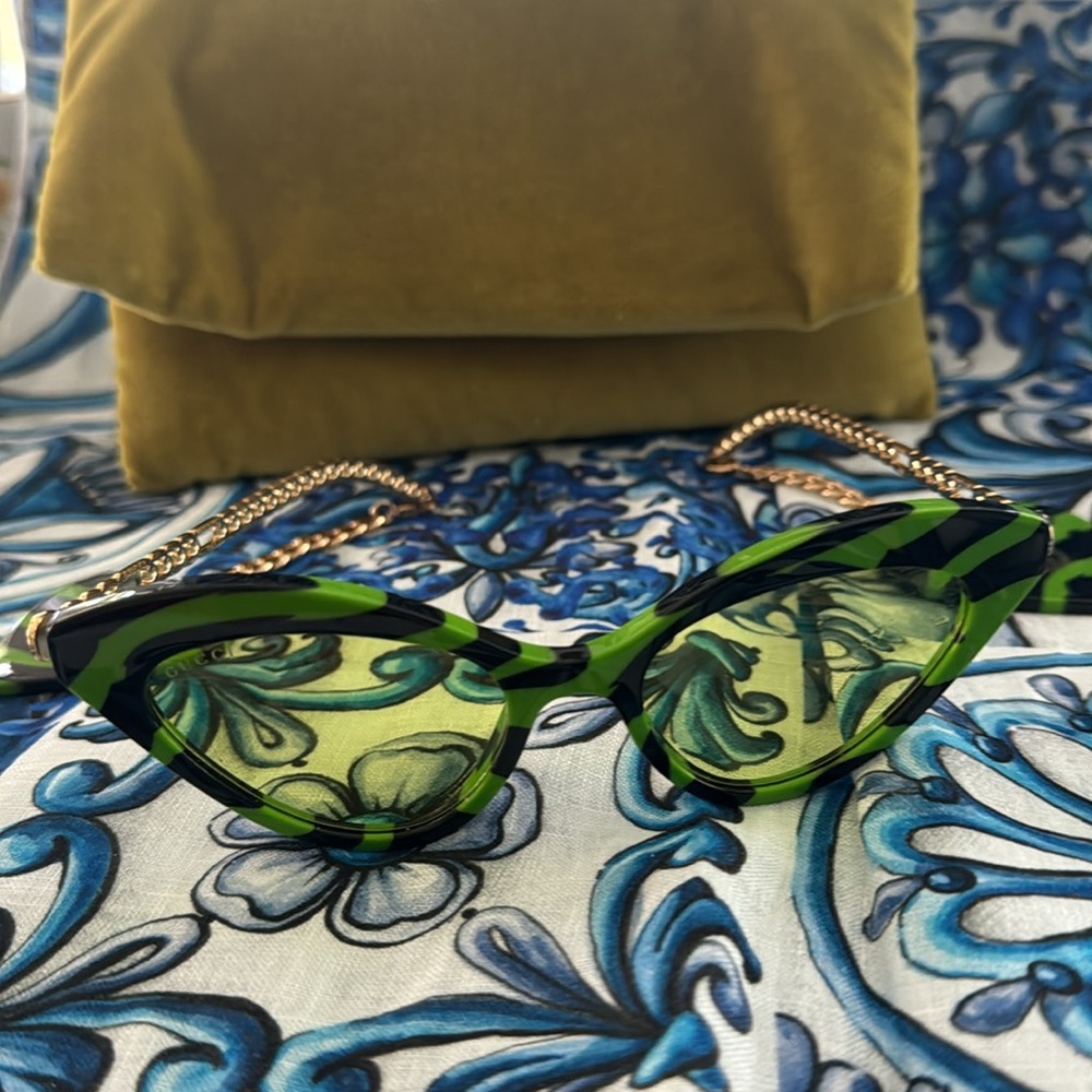 GUCCI Zebra-print cat-eye sunglasses and clips worn once GREEN & Black & Gold - Picture 7 of 10